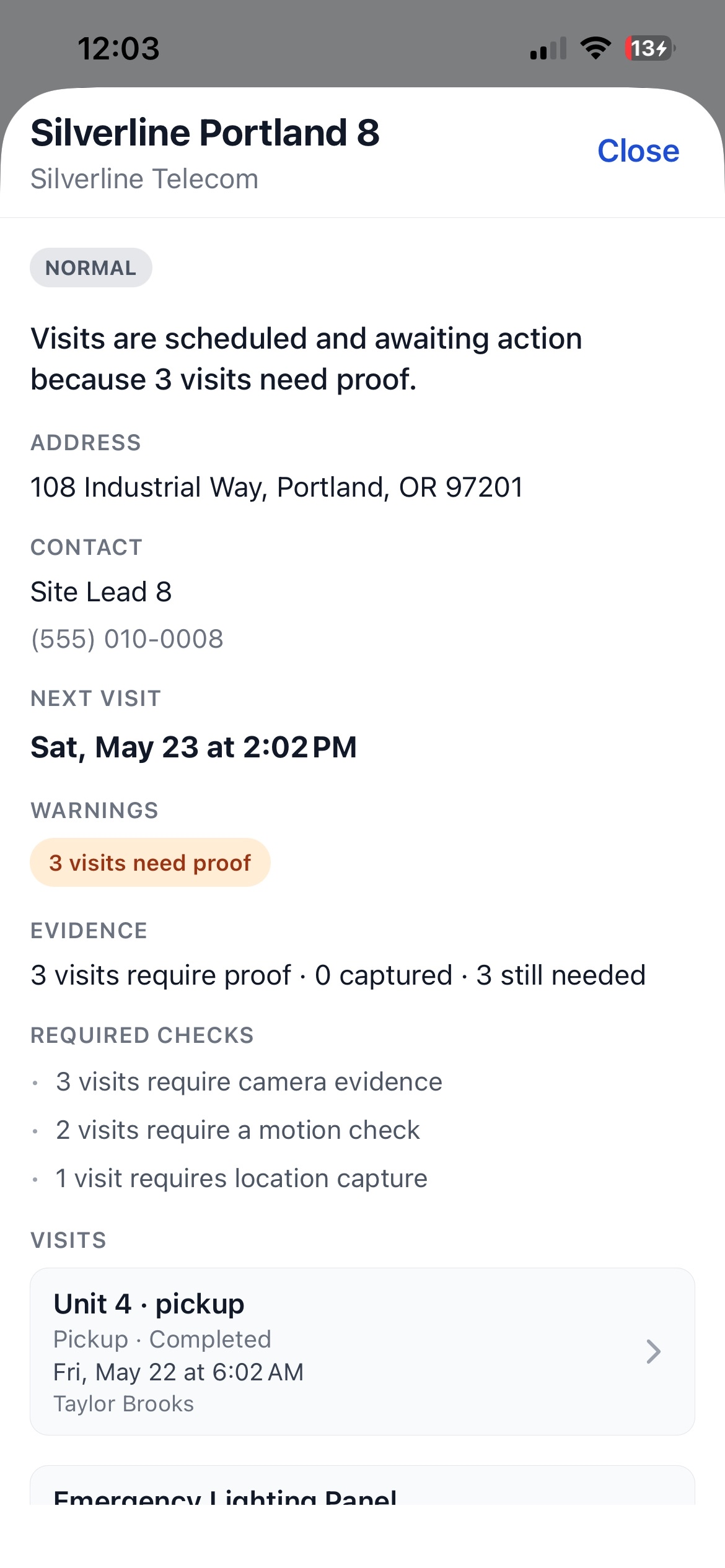 Site detail sheet with visit timeline and warnings